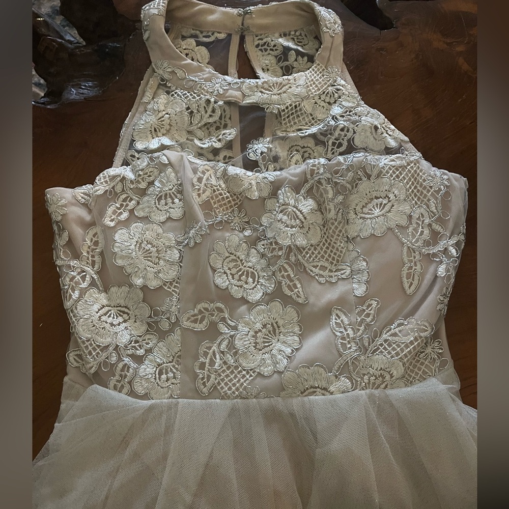 Say Yes To The Prom Dark Ivory High-Low Dress Size 3 Embellished Lace Halter